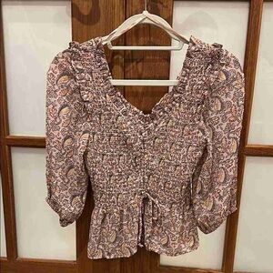 Zara Pink Paisley Smocked Peasant Blouse